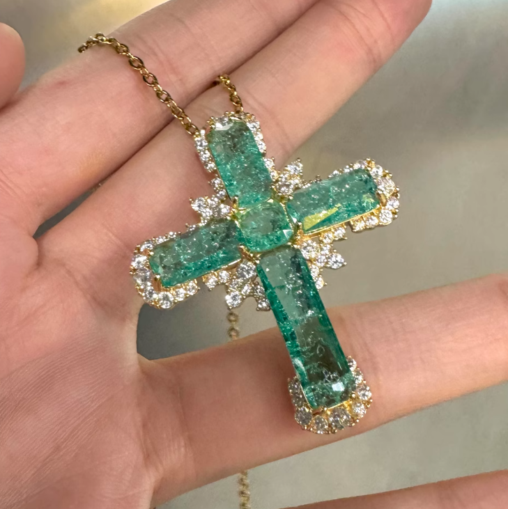 Mint Green Crushed Ice Crystal Pendant Zircon Gold Edge Cross Pendant Necklace 62cm